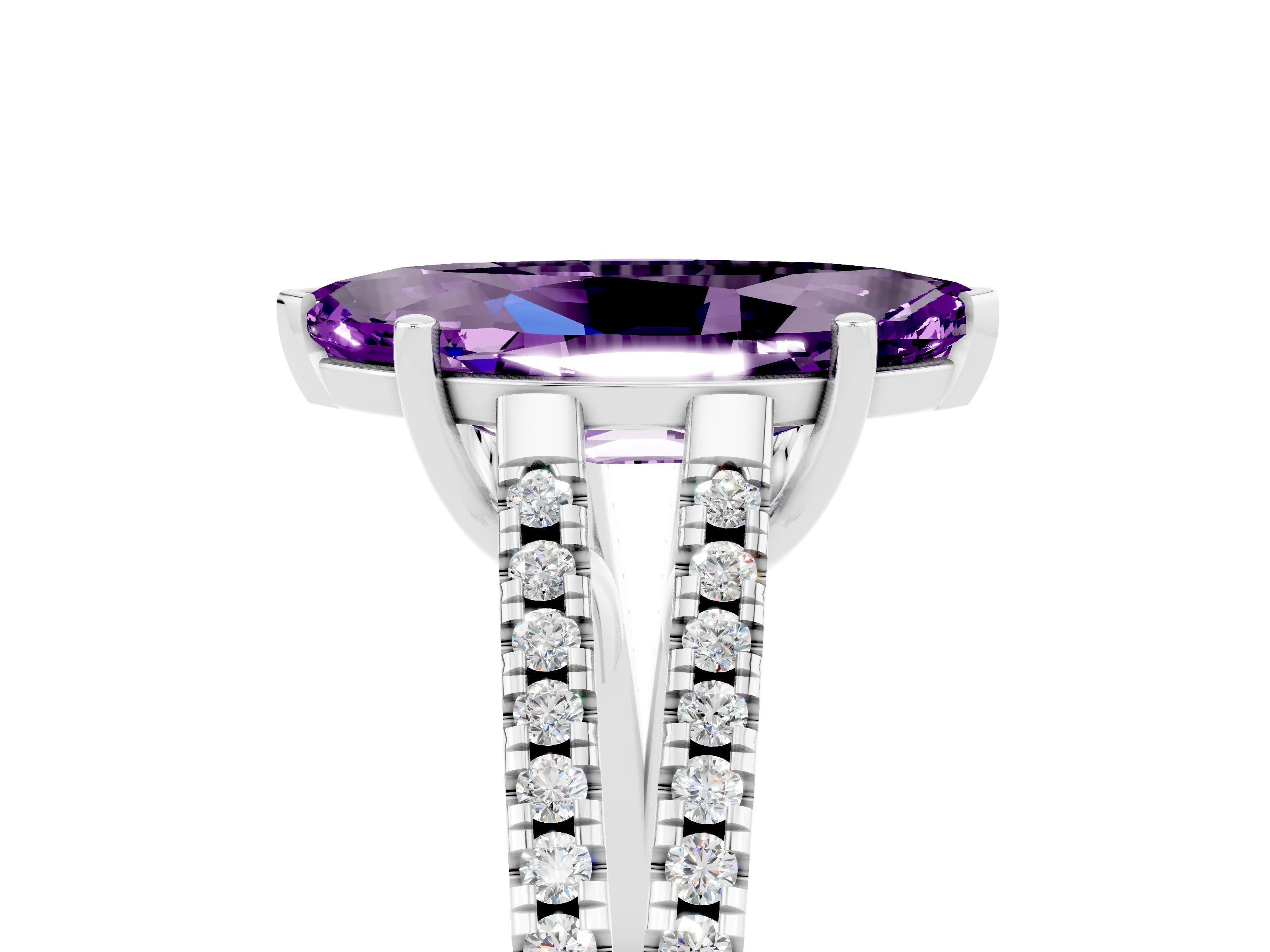 White gold Marquise Cut Amethyst Solitaire Engagement Ring with Split Shank Pavé Band_5