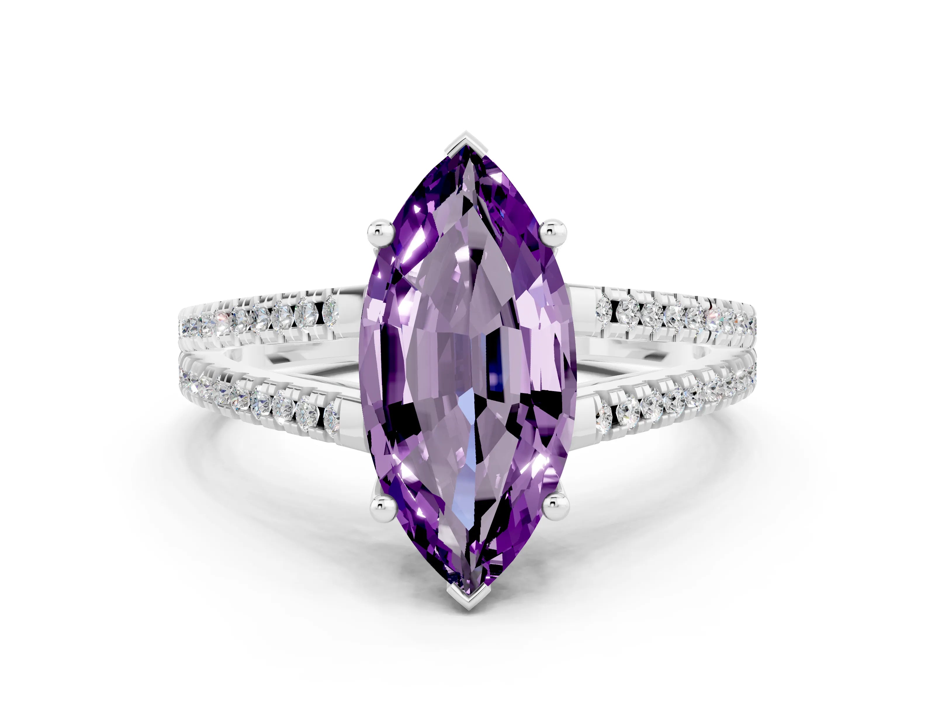 White gold Marquise Cut Amethyst Solitaire Engagement Ring with Split Shank Pavé Band