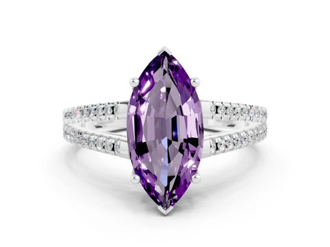 White gold Marquise Cut Amethyst Solitaire Engagement Ring with Split Shank Pavé Band