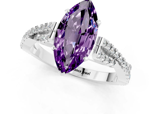 Silver Marquise Cut Amethyst Solitaire Engagement Ring with Twisted Pavé Band and Four-Prong Setting
