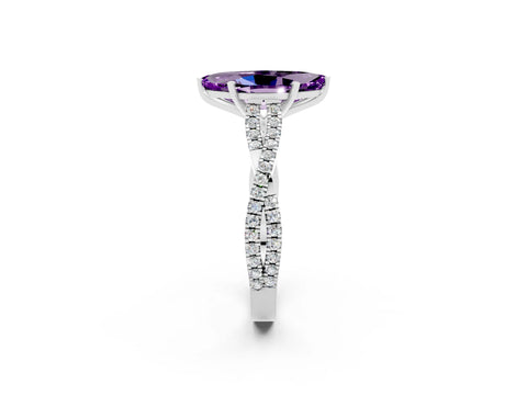White gold Marquise Cut Amethyst Solitaire Engagement Ring with Twisted Pavé Band and Four-Prong Setting_2
