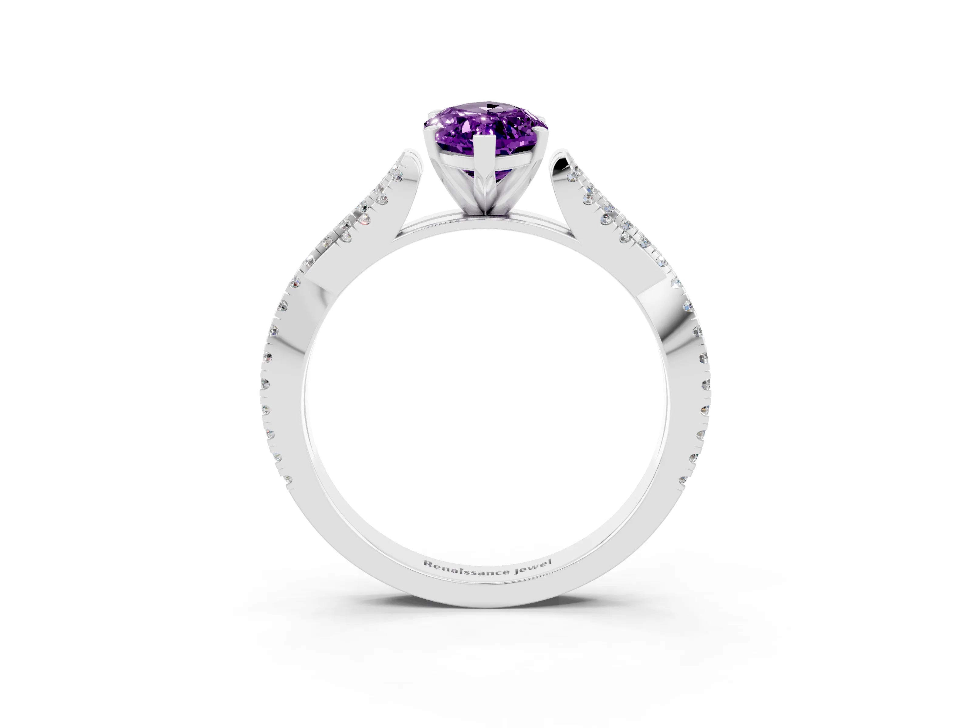 White gold Marquise Cut Amethyst Solitaire Engagement Ring with Twisted Pavé Band and Four-Prong Setting_3