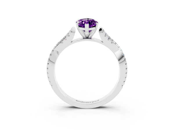 White gold Marquise Cut Amethyst Solitaire Engagement Ring with Twisted Pavé Band and Four-Prong Setting