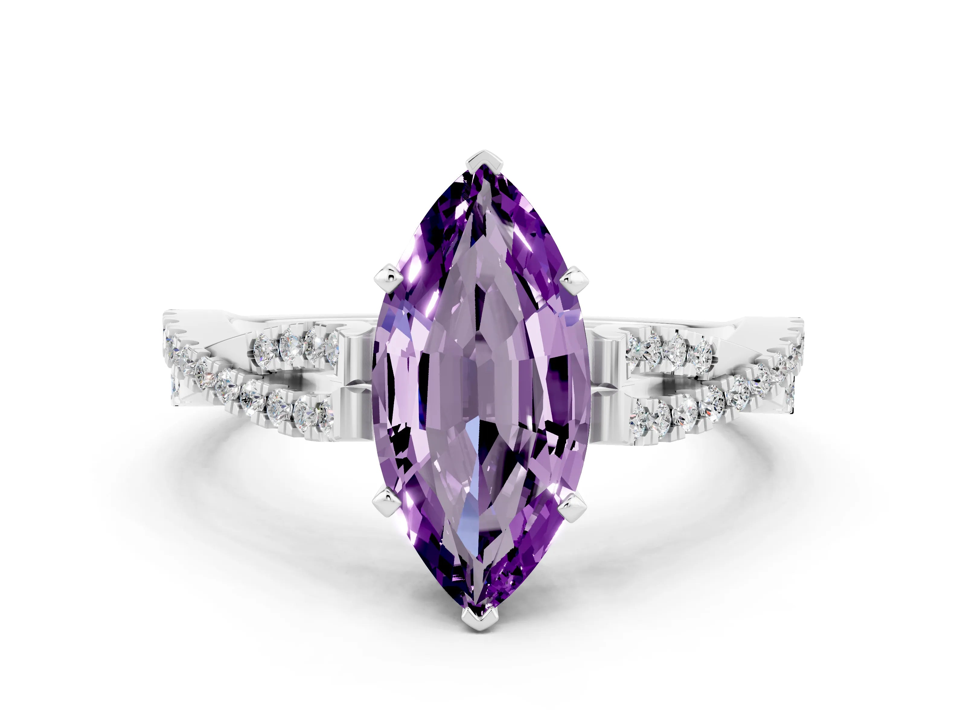 White gold Marquise Cut Amethyst Solitaire Engagement Ring with Twisted Pavé Band and Four-Prong Setting