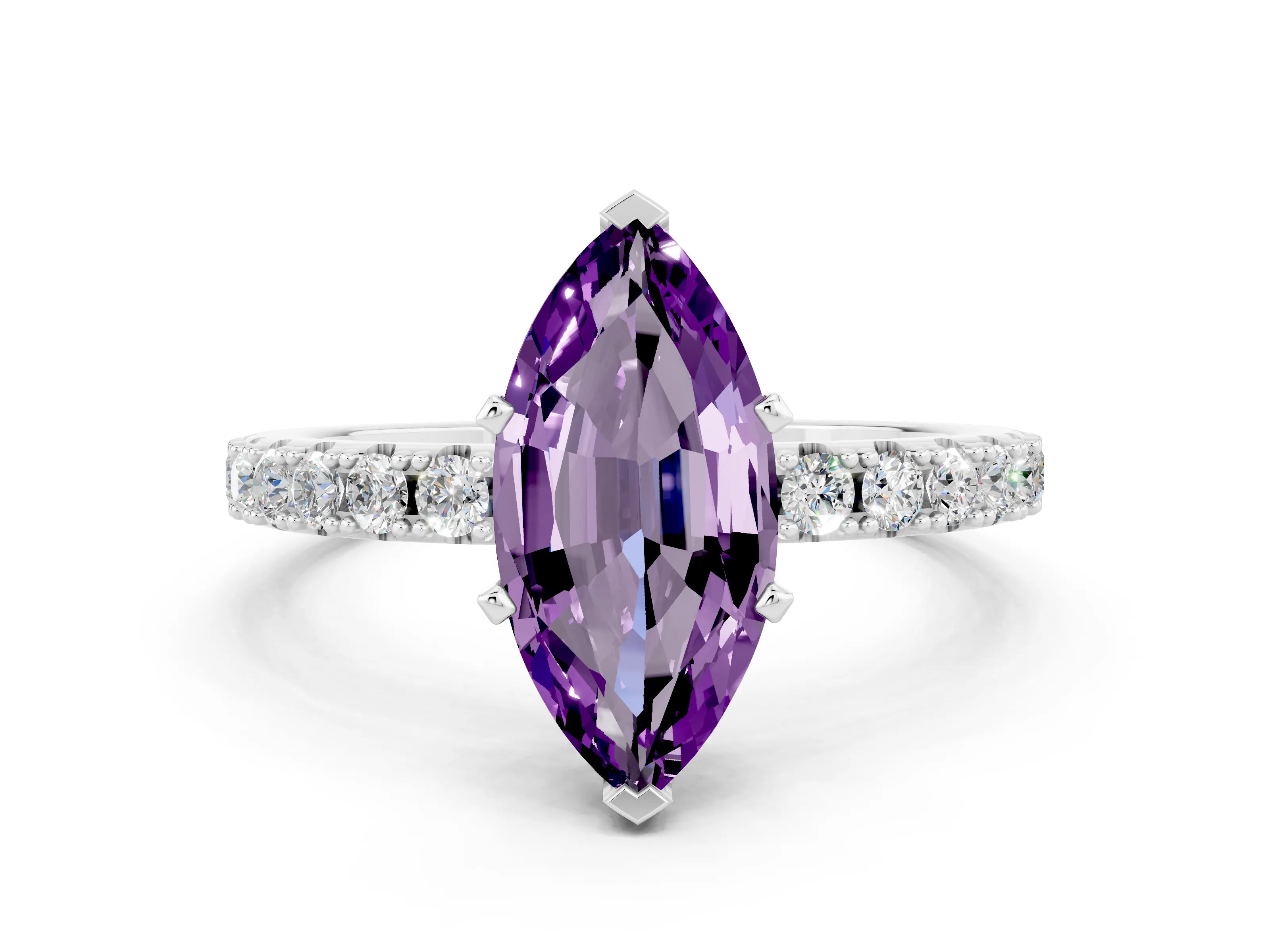White gold Marquise Cut Amethyst Solitaire Pavé Band with Four-Prong Setting