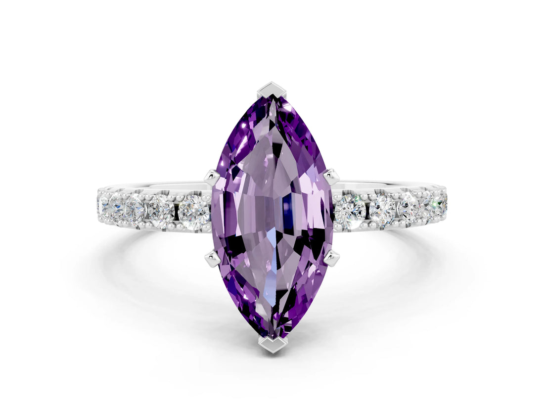 White gold Marquise Cut Amethyst Solitaire Pavé Band with Four-Prong Setting