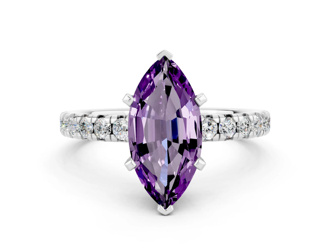 White gold Marquise Cut Amethyst Solitaire Pavé Engagement Ring with Round Band and Prong Setting_72