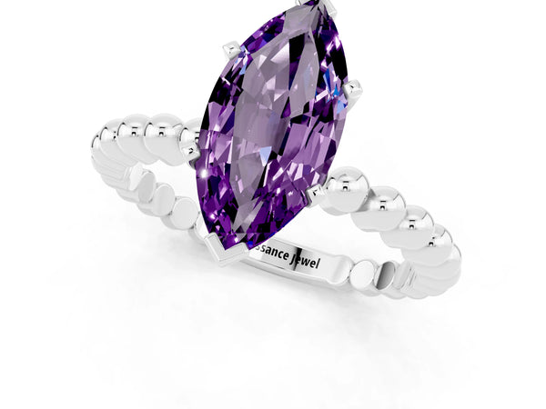 Platinum Marquise Cut Amethyst Solitaire Ring with Beaded Band and Prong Setting