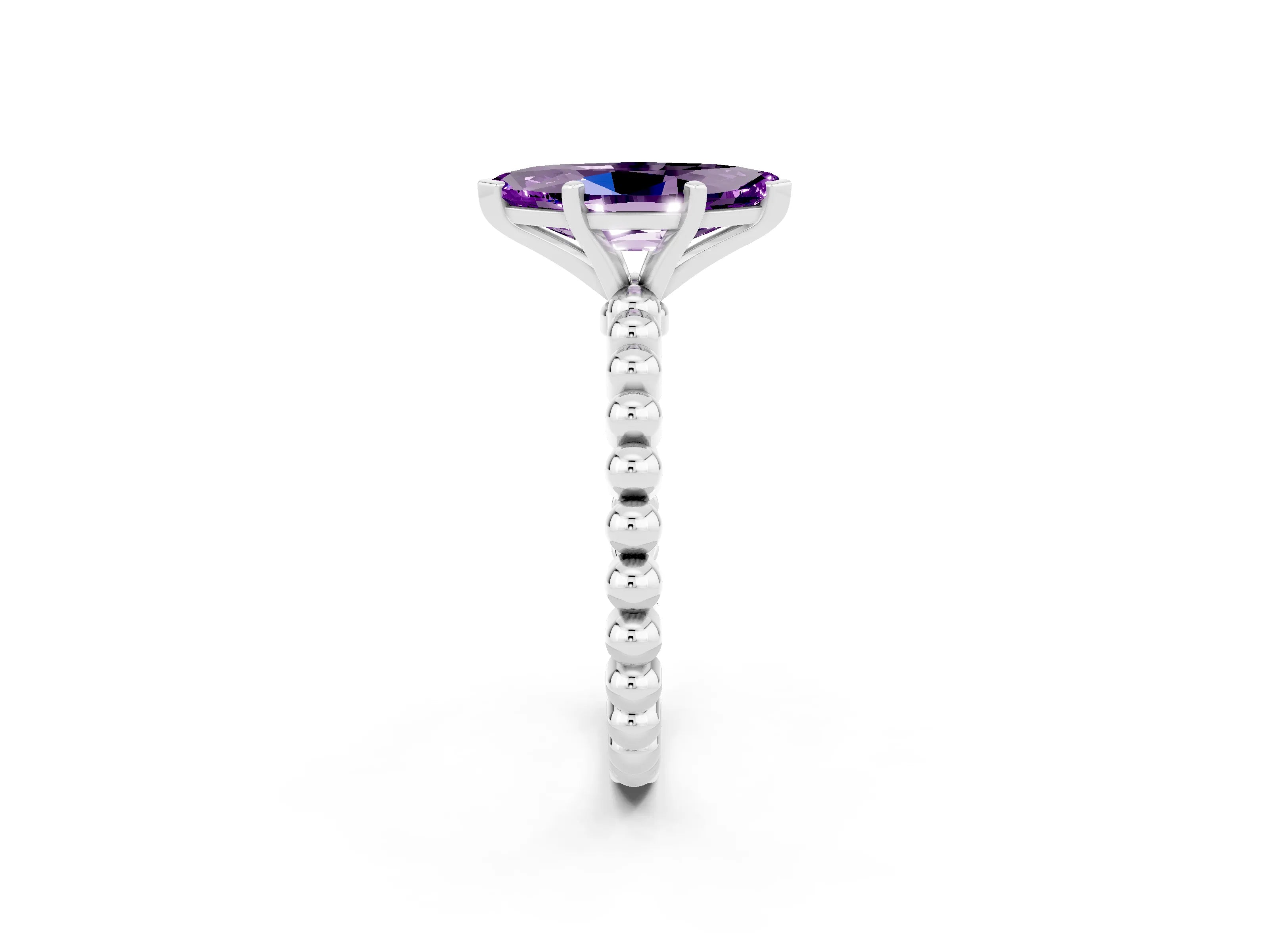 White gold Marquise Cut Amethyst Solitaire Ring with Beaded Band and Prong Setting_14