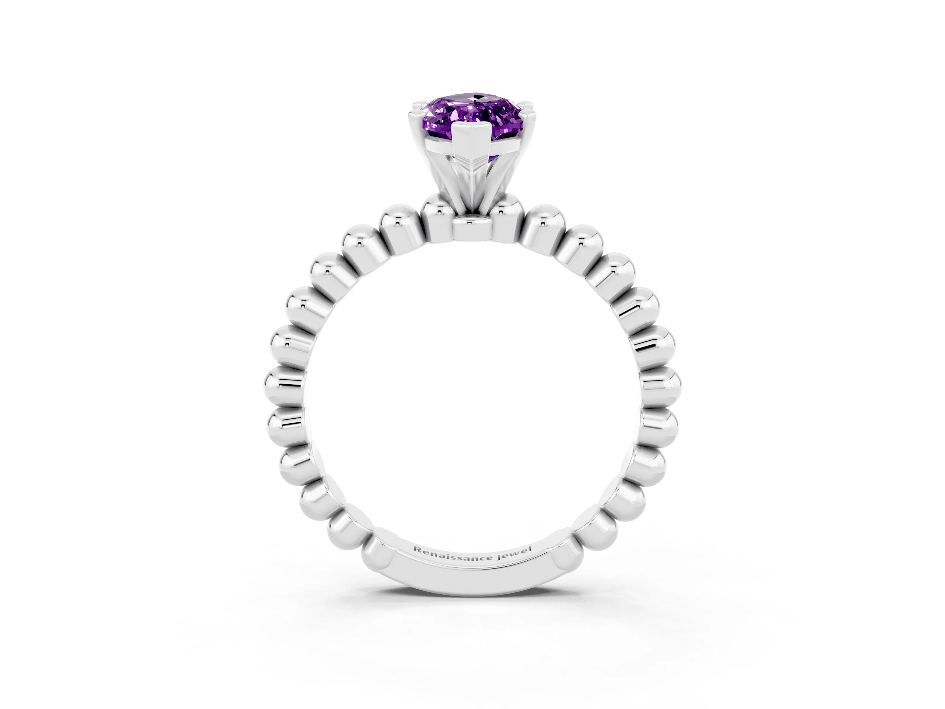 White gold Marquise Cut Amethyst Solitaire Ring with Beaded Band and Prong Setting_15