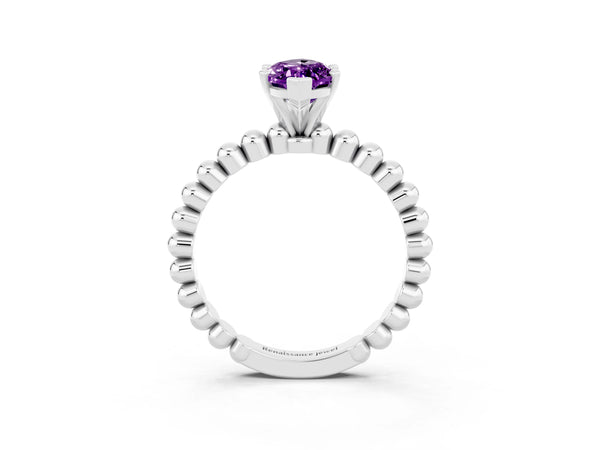 Platinum Marquise Cut Amethyst Solitaire Ring with Beaded Band and Prong Setting