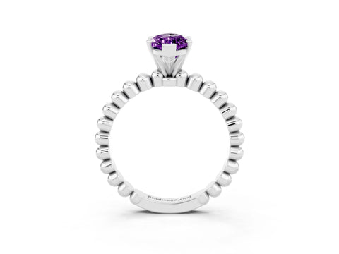 White gold Marquise Cut Amethyst Solitaire Ring with Beaded Band and Prong Setting_15