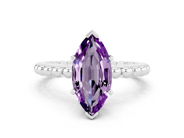 White gold Marquise Cut Amethyst Solitaire Ring with Beaded Band and Prong Setting