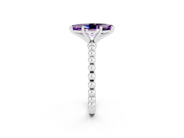 White gold Marquise Cut Amethyst Solitaire Ring with Beaded Band and Prong Setting