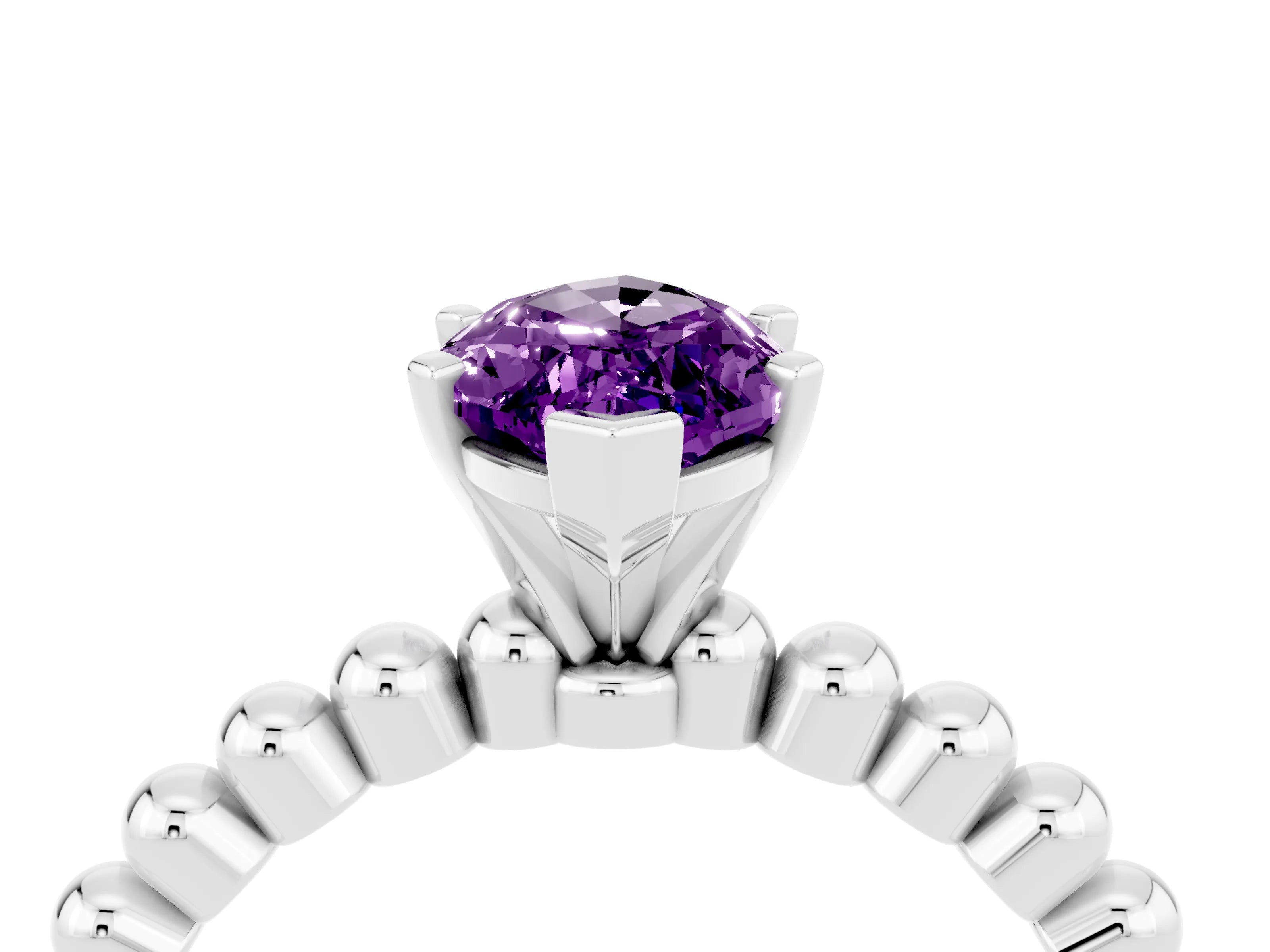 White gold Marquise Cut Amethyst Solitaire Ring with Beaded Band and Prong Setting_28