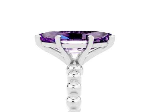White gold Marquise Cut Amethyst Solitaire Ring with Beaded Band and Prong Setting_29