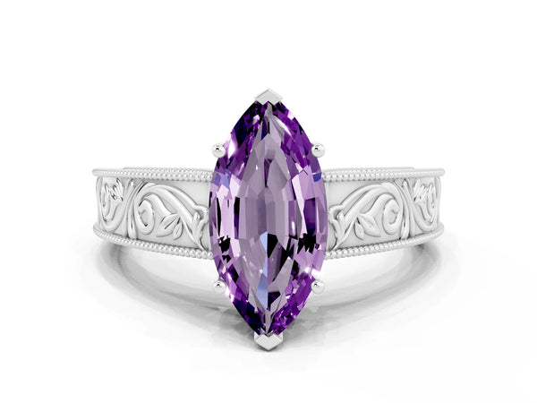 Platinum Marquise Cut Amethyst Solitaire Ring with Engraved Band and Four-Prong Setting