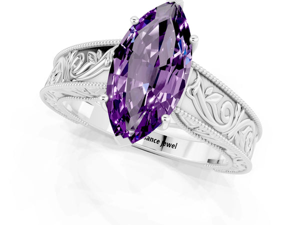Platinum Marquise Cut Amethyst Solitaire Ring with Engraved Band and Four-Prong Setting