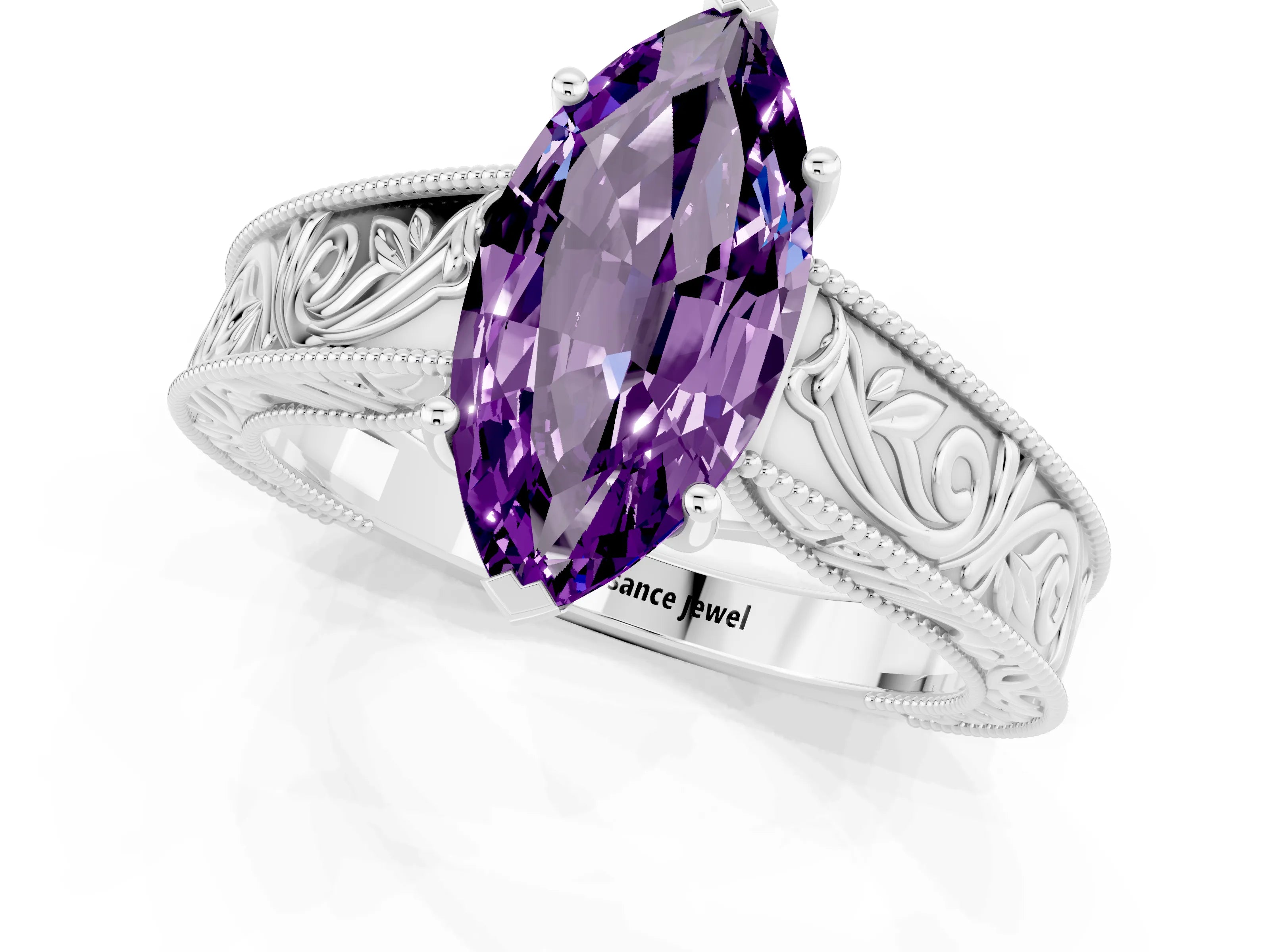 White gold Marquise Cut Amethyst Solitaire Ring with Engraved Band and Four-Prong Setting_1