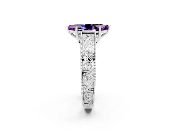 Platinum Marquise Cut Amethyst Solitaire Ring with Engraved Band and Four-Prong Setting