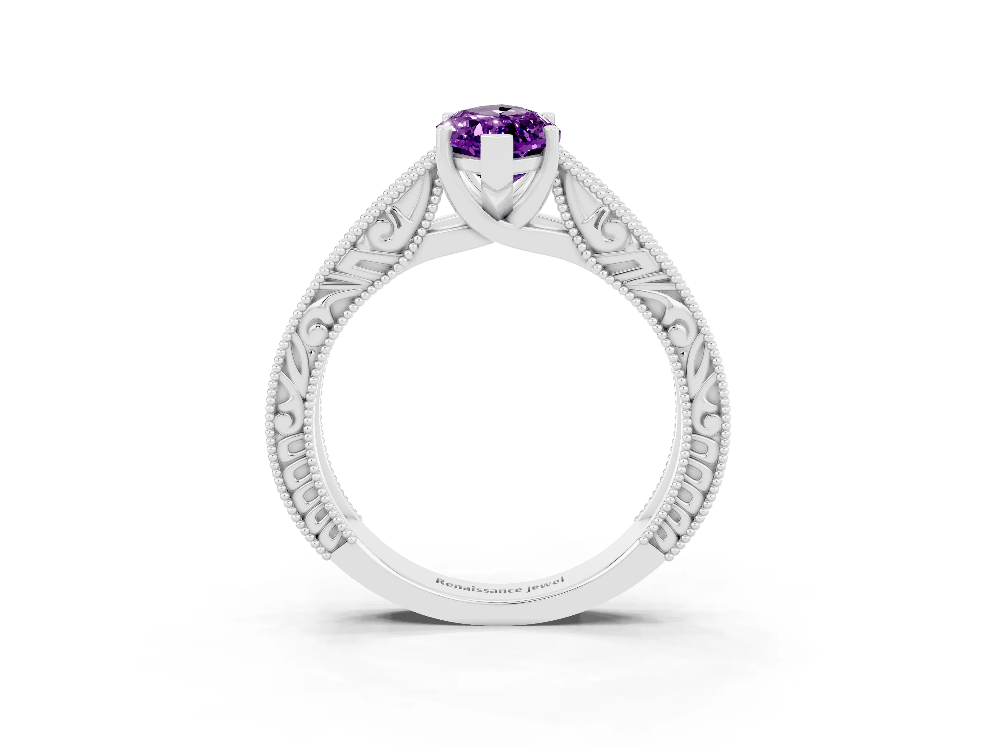 White gold Marquise Cut Amethyst Solitaire Ring with Engraved Band and Four-Prong Setting_3