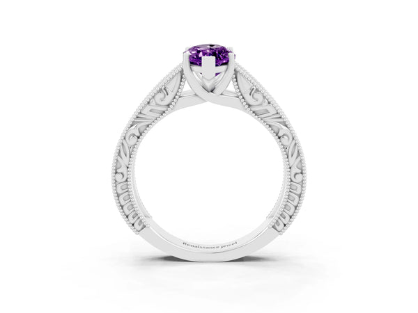 Silver Marquise Cut Amethyst Solitaire Ring with Engraved Band and Four-Prong Setting