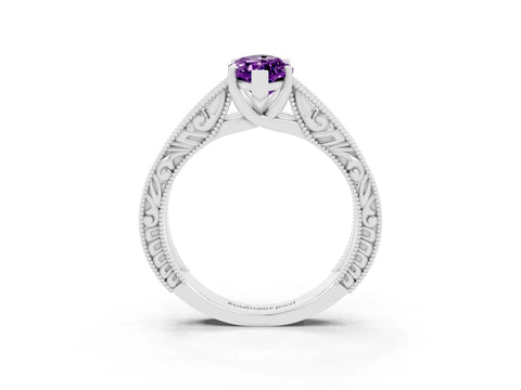 White gold Marquise Cut Amethyst Solitaire Ring with Engraved Band and Four-Prong Setting_3