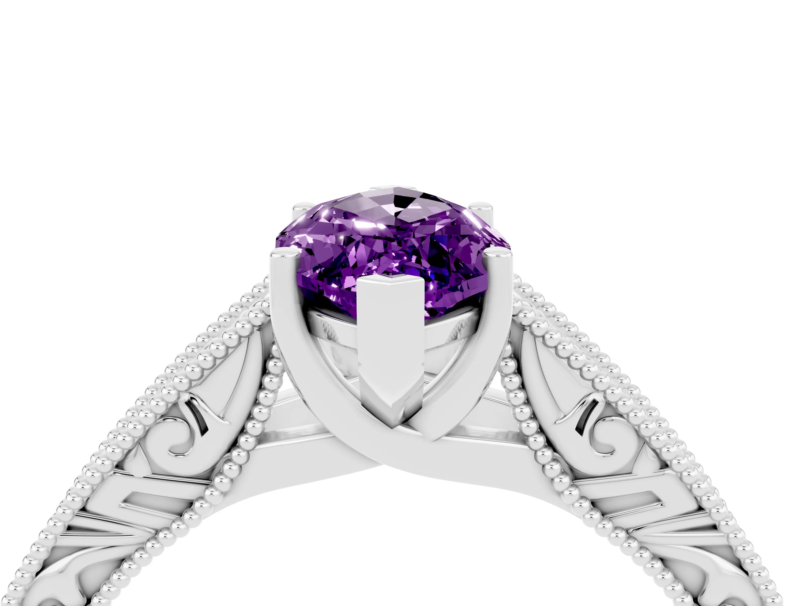 White gold Marquise Cut Amethyst Solitaire Ring with Engraved Band and Four-Prong Setting_4