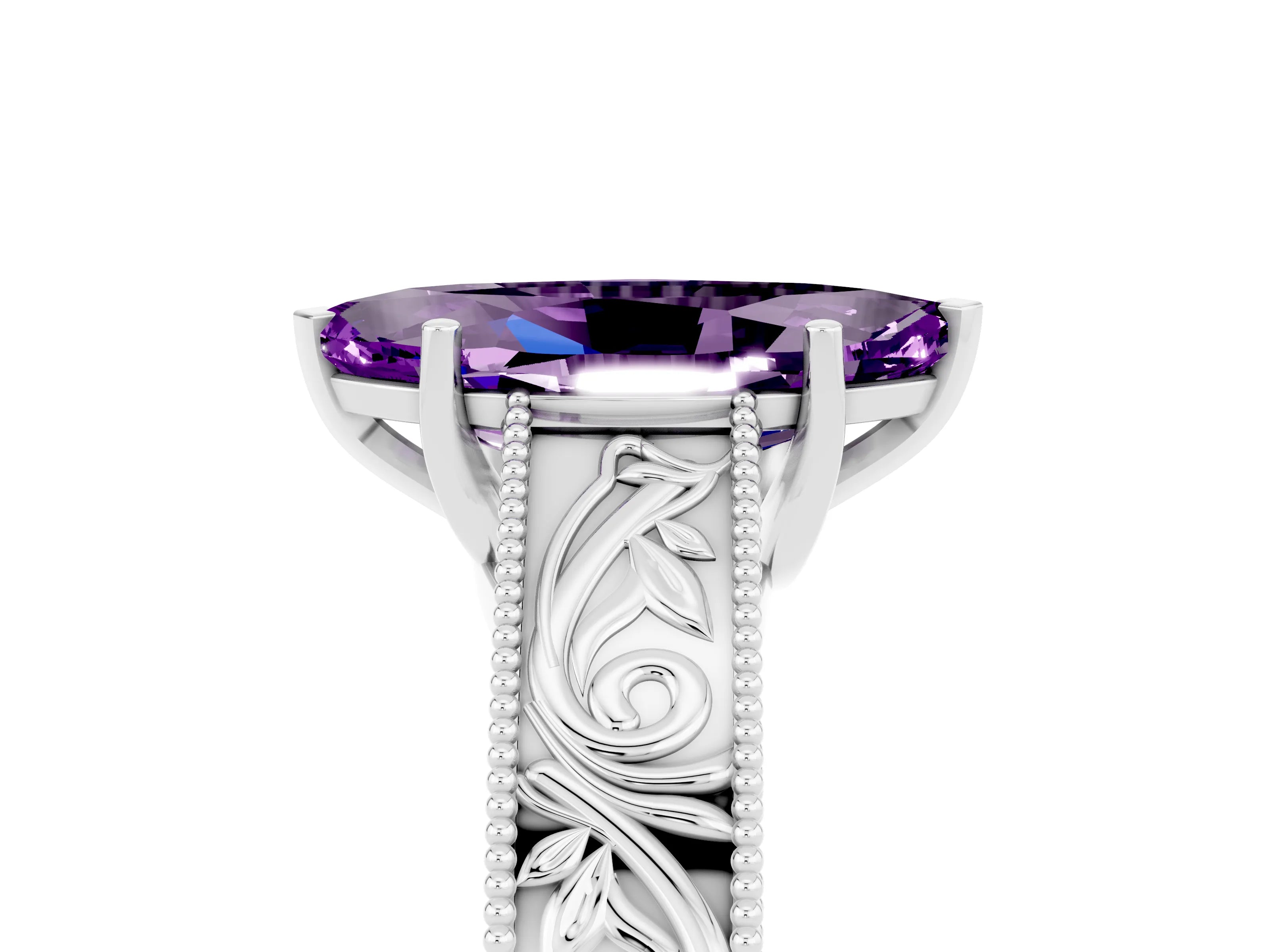 White gold Marquise Cut Amethyst Solitaire Ring with Engraved Band and Four-Prong Setting_5
