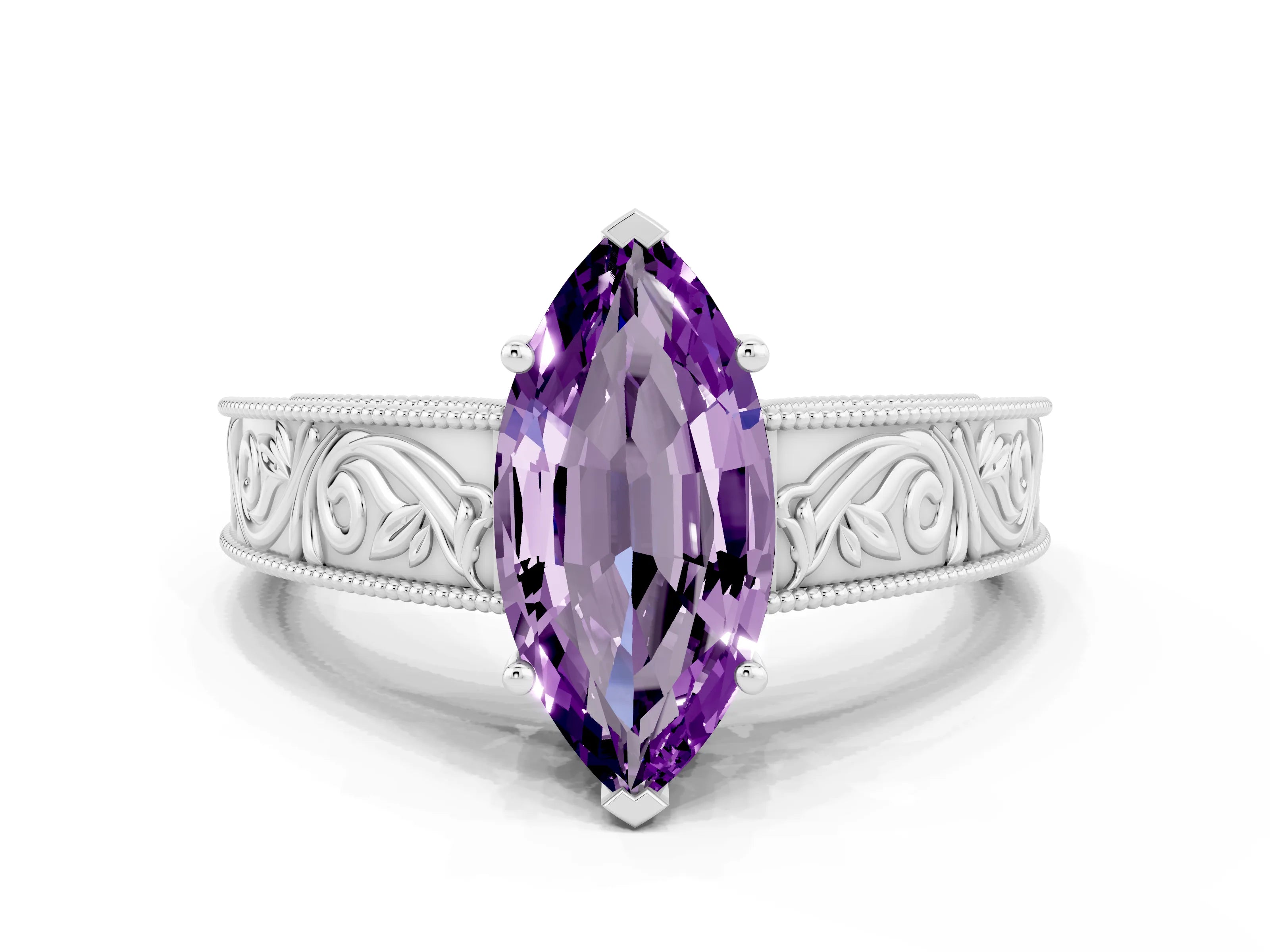White gold Marquise Cut Amethyst Solitaire Ring with Engraved Band and Four-Prong Setting