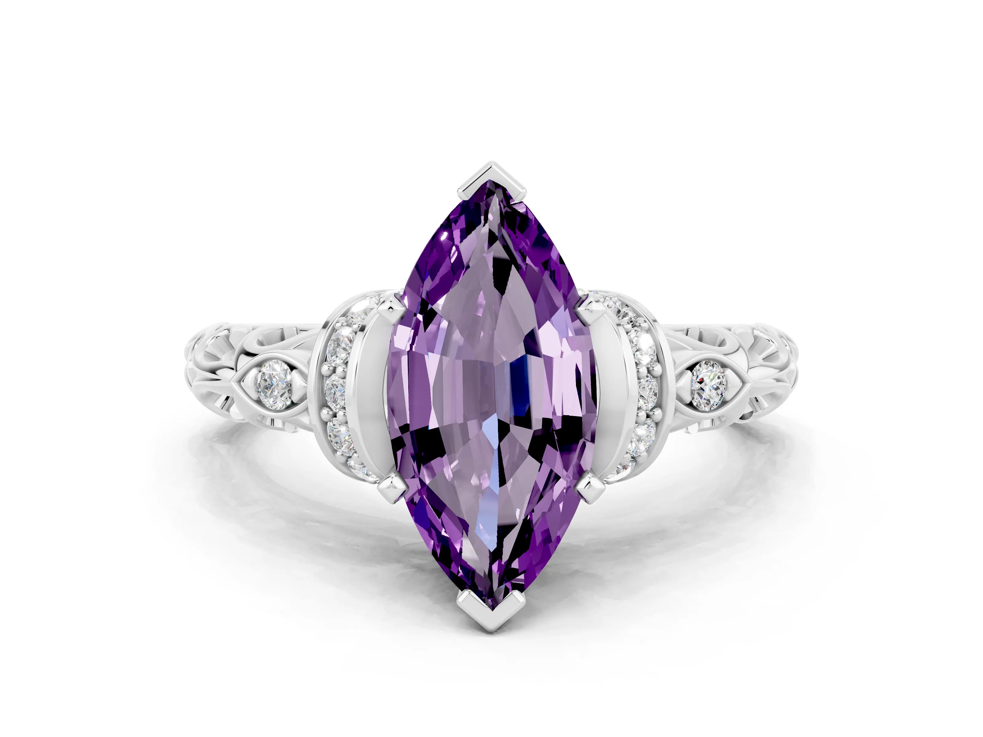 White gold Marquise Cut Amethyst Solitaire Ring with Filigree Band and Four-Prong Setting_24