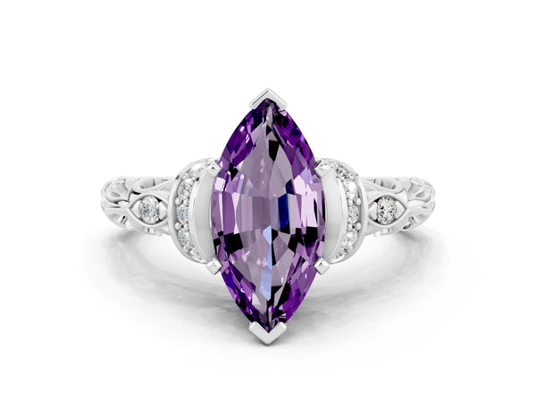 Platinum Marquise Cut Amethyst Solitaire Ring with Filigree Band and Four-Prong Setting