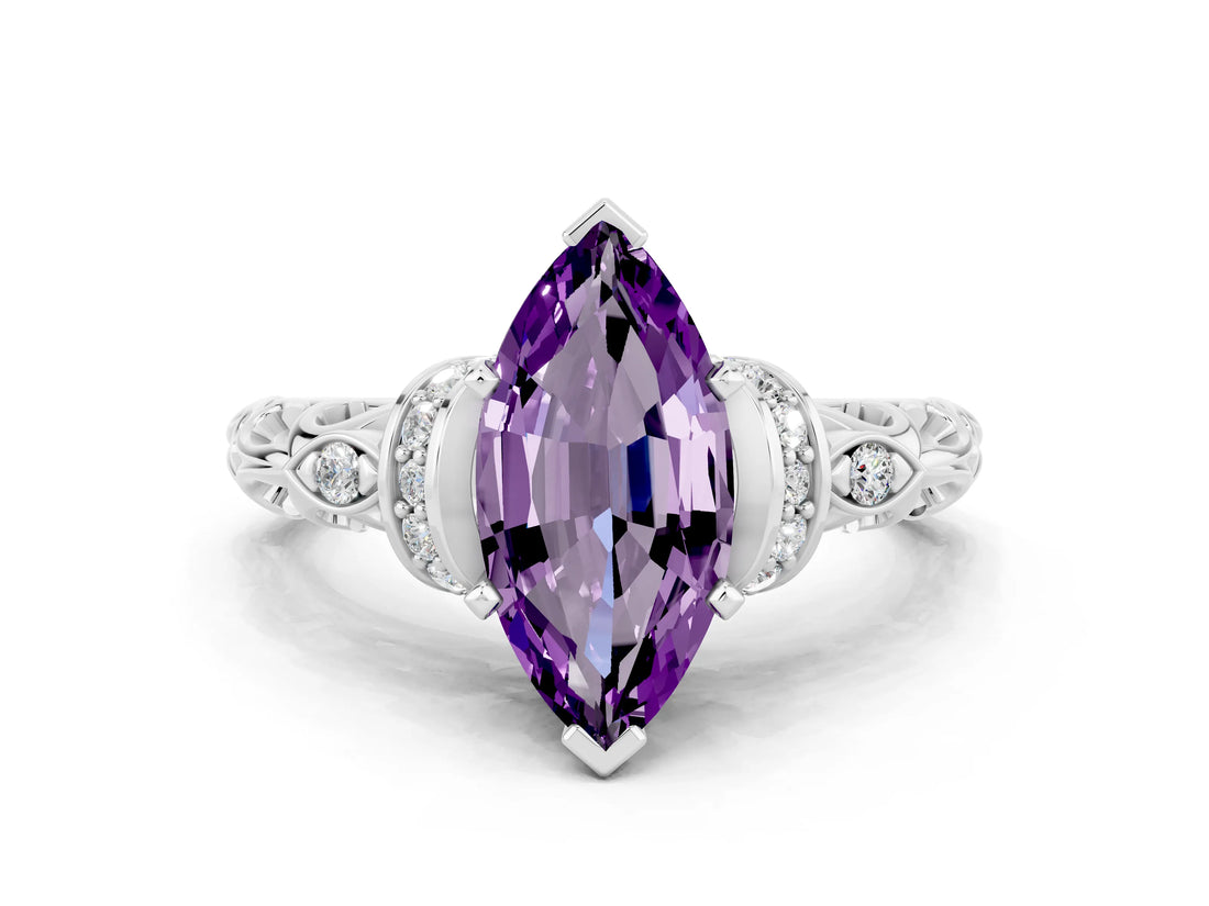 White gold Marquise Cut Amethyst Solitaire Ring with Filigree Band and Four-Prong Setting_24