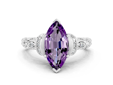 White gold Marquise Cut Amethyst Solitaire Ring with Filigree Band and Four-Prong Setting_24