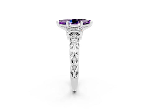 White gold Marquise Cut Amethyst Solitaire Ring with Filigree Band and Four-Prong Setting_26