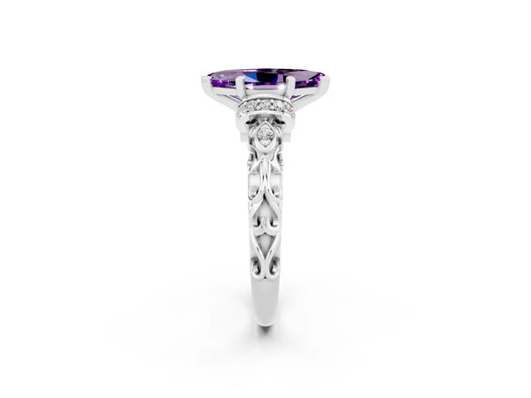 White gold Marquise Cut Amethyst Solitaire Ring with Filigree Band and Four-Prong Setting