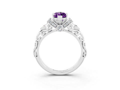 White gold Marquise Cut Amethyst Solitaire Ring with Filigree Band and Four-Prong Setting_27