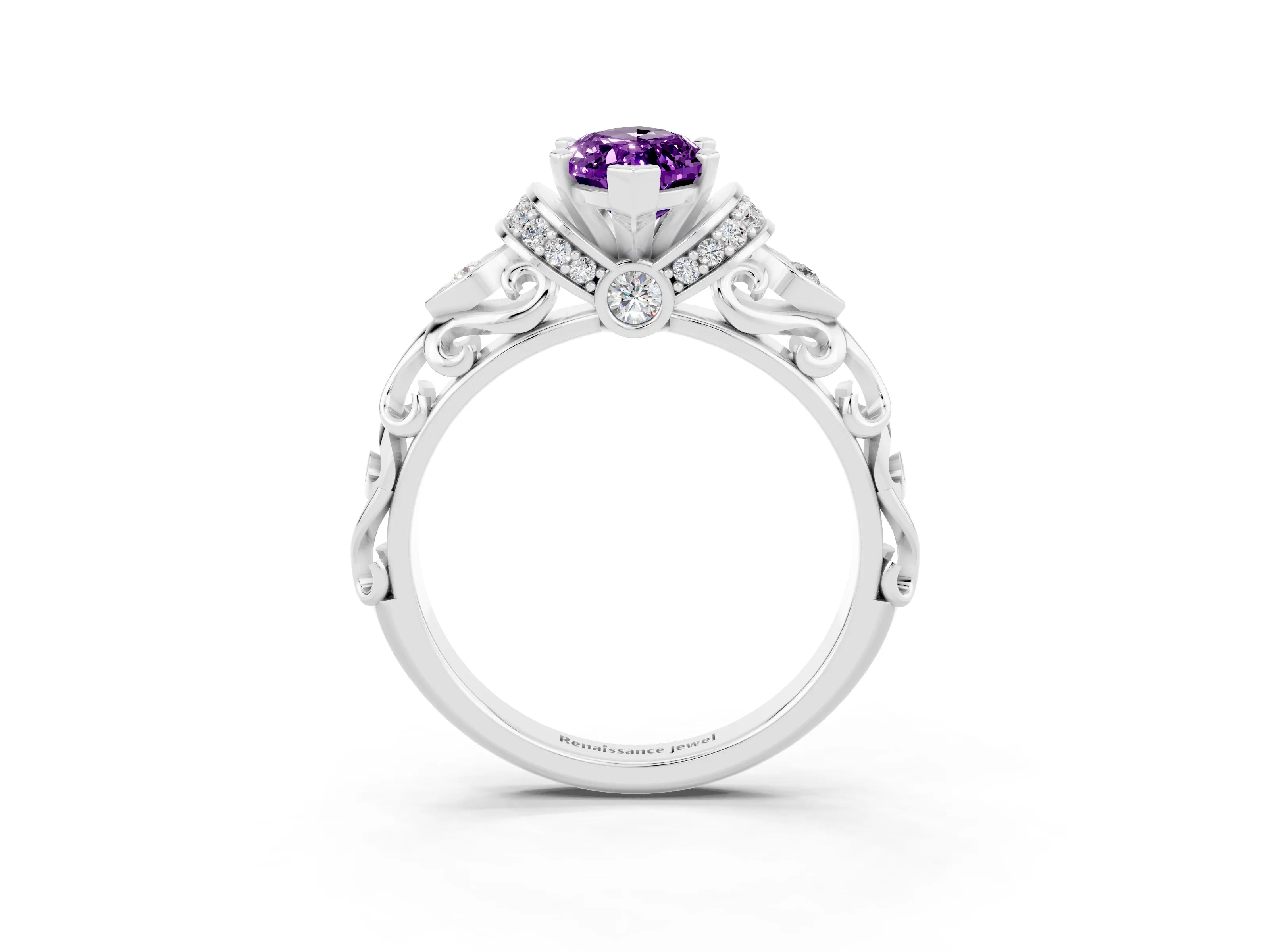 White gold Marquise Cut Amethyst Solitaire Ring with Filigree Band and Four-Prong Setting_27