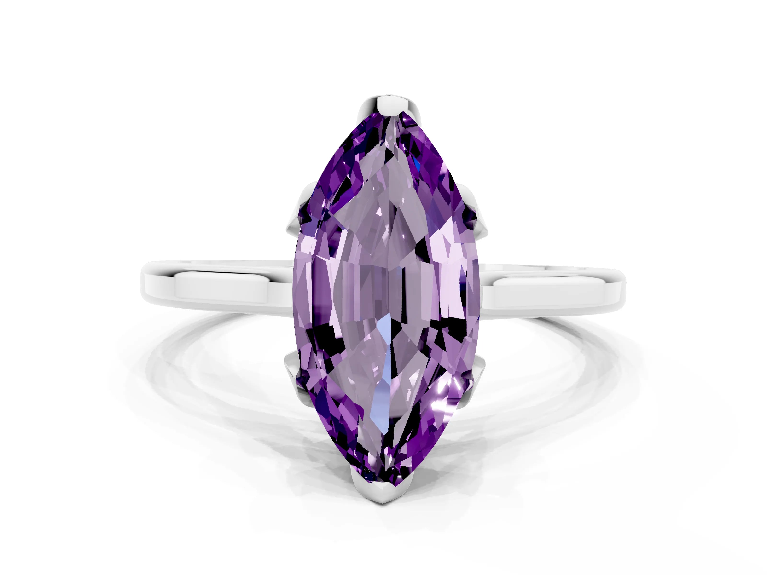White gold Marquise Cut Amethyst Solitaire Ring with Flower Prong Setting and Classic Band_12