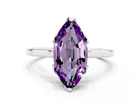 White gold Marquise Cut Amethyst Solitaire Ring with Flower Prong Setting and Classic Band_12