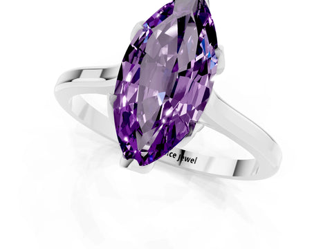White gold Marquise Cut Amethyst Solitaire Ring with Flower Prong Setting and Classic Band_13