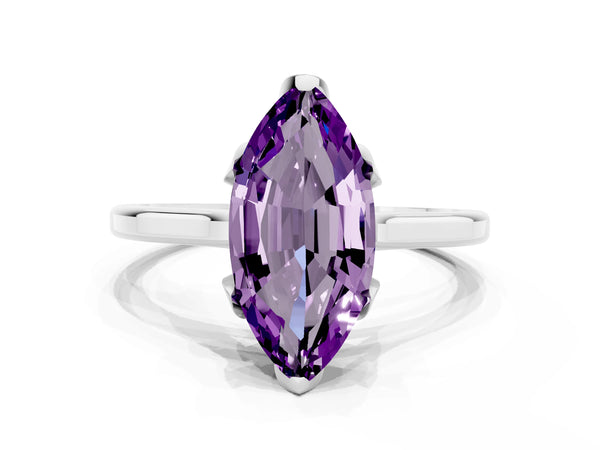 White gold Marquise Cut Amethyst Solitaire Ring with Flower Prong Setting and Classic Band