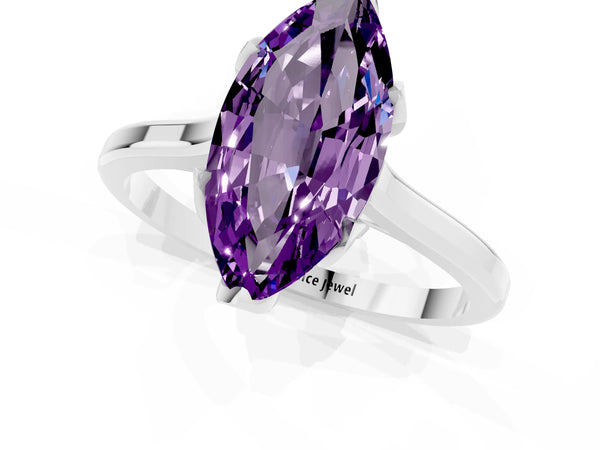 White gold Marquise Cut Amethyst Solitaire Ring with Flower Prong Setting and Classic Band