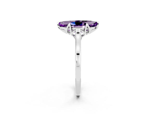 White gold Marquise Cut Amethyst Solitaire Ring with Flower Prong Setting and Classic Band