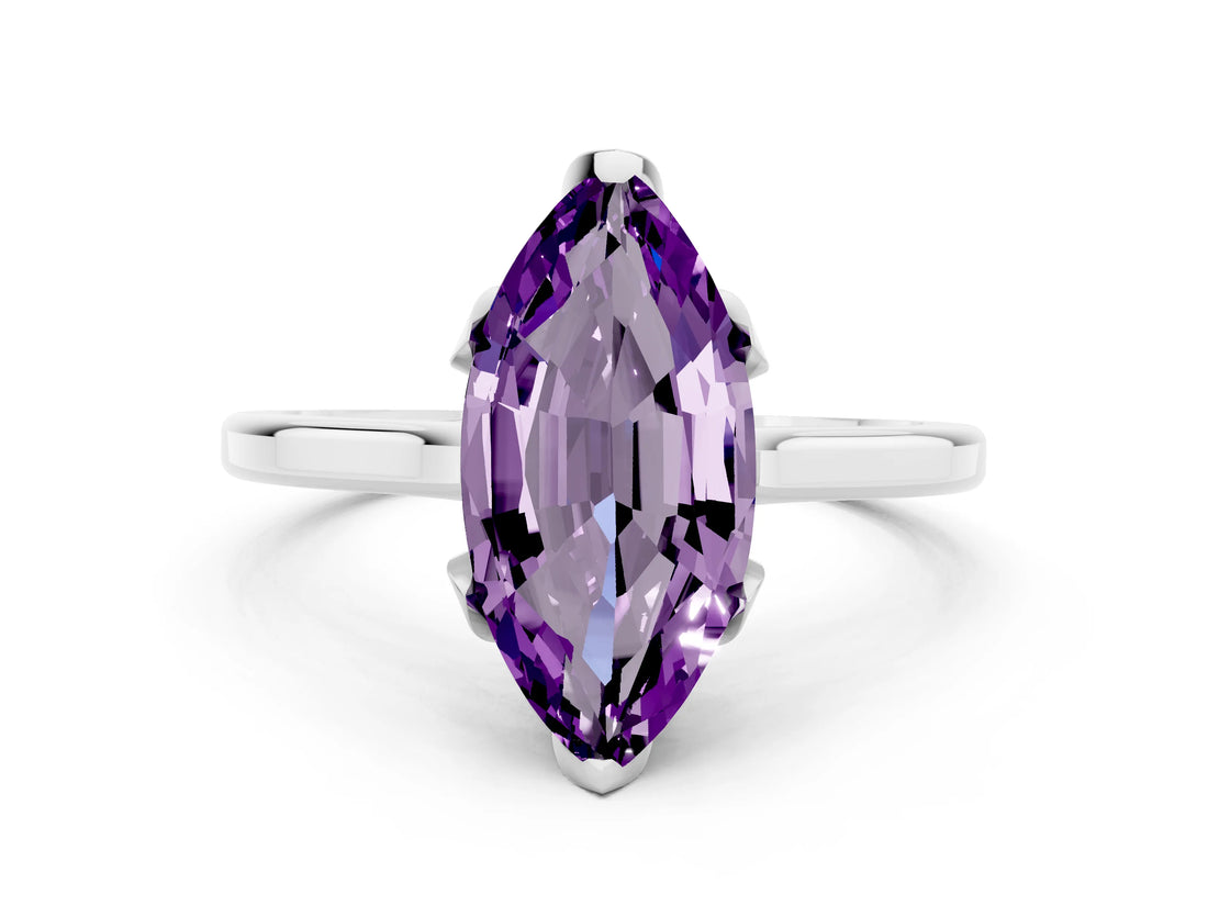 White gold Marquise Cut Amethyst Solitaire Ring with Flower Prong Setting and Classic Band_48