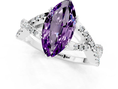 White gold Marquise Cut Amethyst Solitaire Ring with Four-Prong Setting and Twisted Pavé Band_1