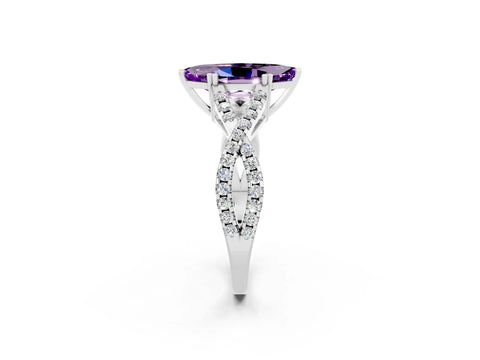 White gold Marquise Cut Amethyst Solitaire Ring with Four-Prong Setting and Twisted Pavé Band_2