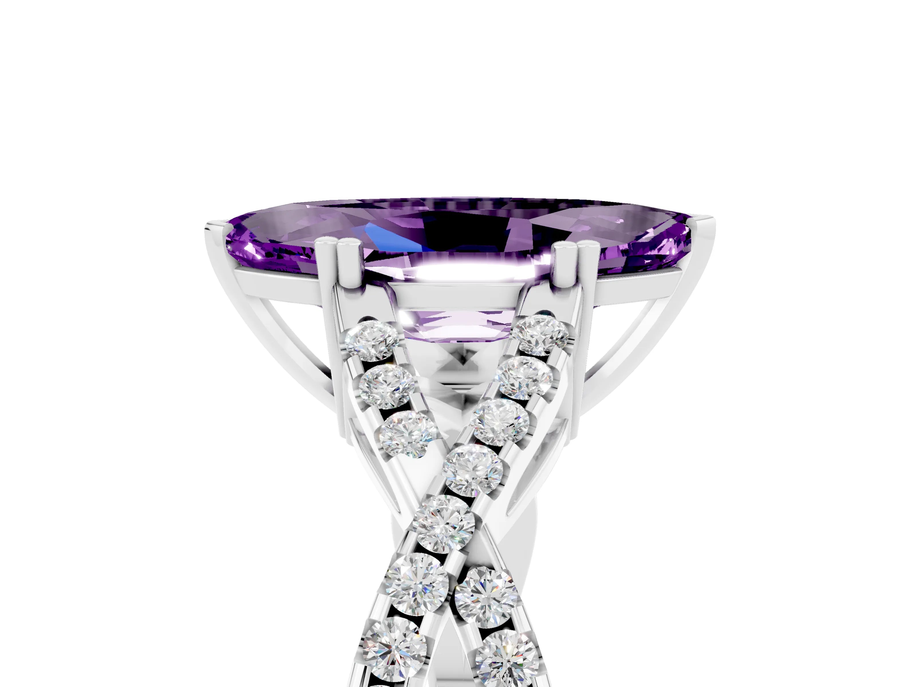 White gold Marquise Cut Amethyst Solitaire Ring with Four-Prong Setting and Twisted Pavé Band_5