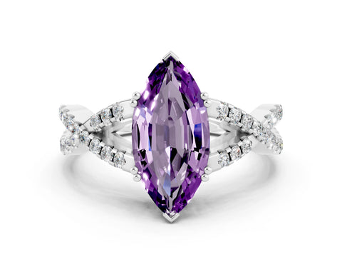 White gold Marquise Cut Amethyst Solitaire Ring with Four-Prong Setting and Twisted Pavé Band