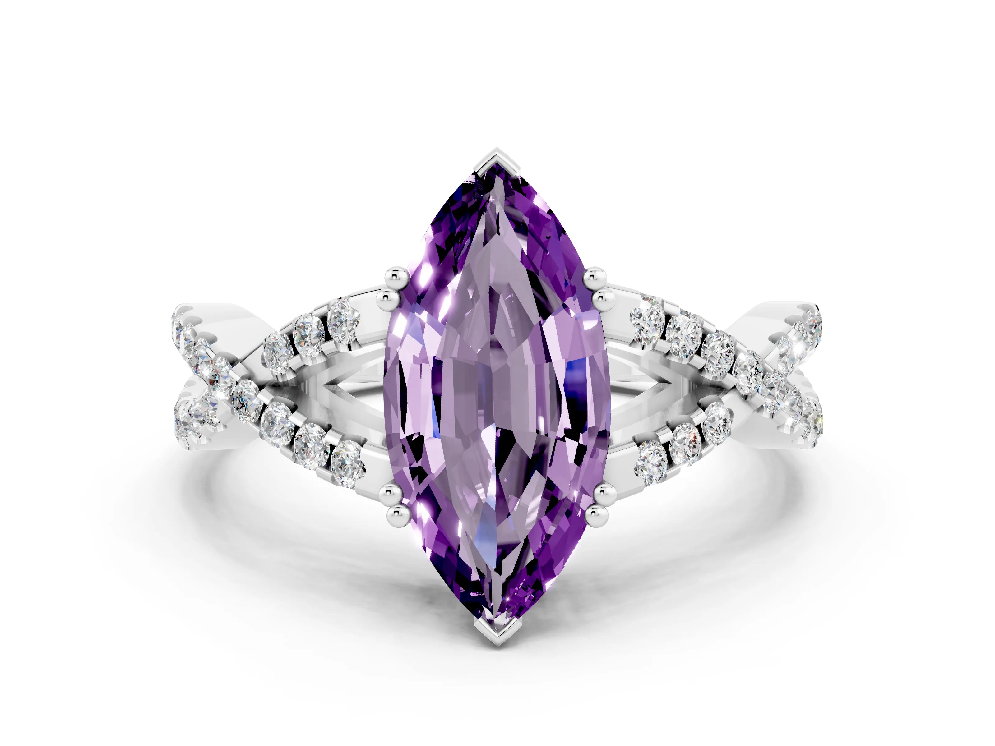 White gold Marquise Cut Amethyst Solitaire Ring with Four-Prong Setting and Twisted Pavé Band